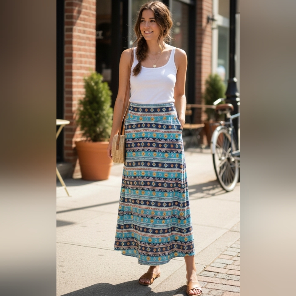 A Line Skirt Summer L high Waist Print Geometric Maxi casual stretch USA boho
